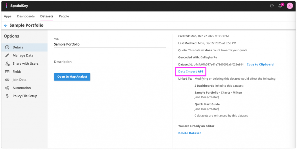Image of the SpatialKey interface showing a dataset details page with the ‘Data Import API’ button highlighted in a right-hand metadata panel. The highlighted button appears below the dataset ID and next to a ‘Copy to Clipboard’ option, indicating access to API-based data imports for the dataset.