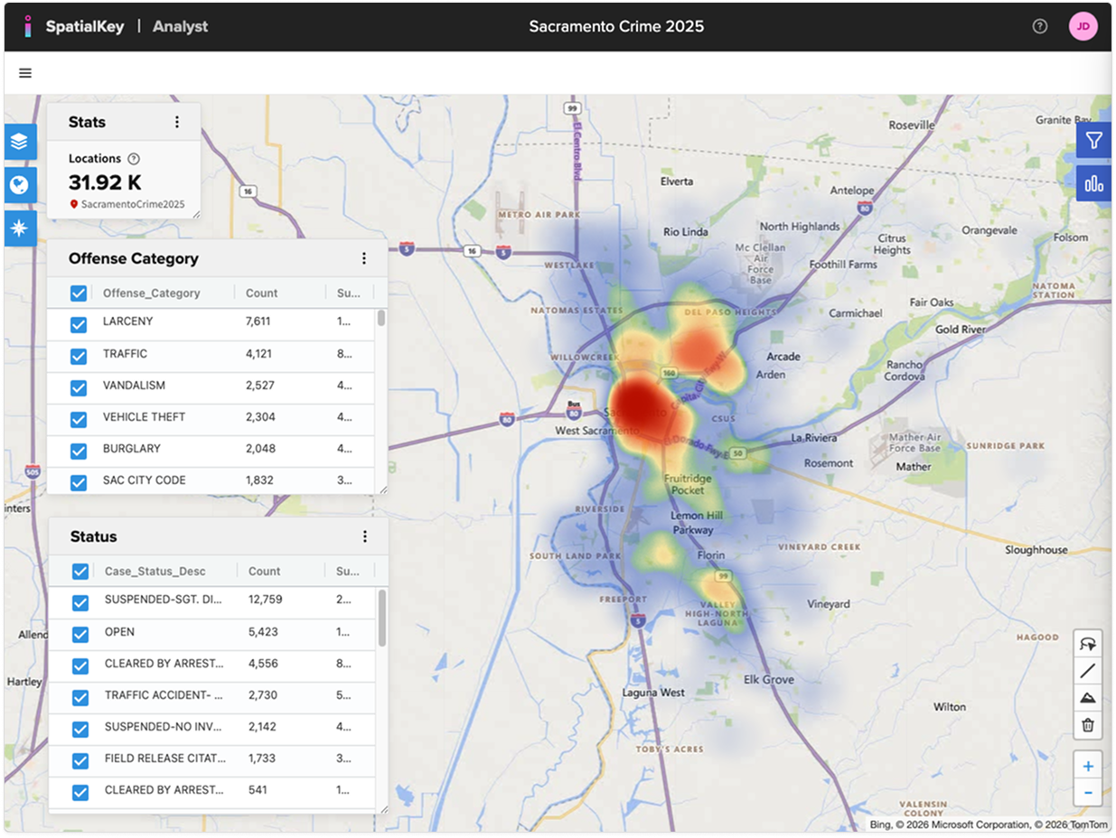 The image shows a heatmap of the number of crimes reported and UVL tables of the offense category and status.