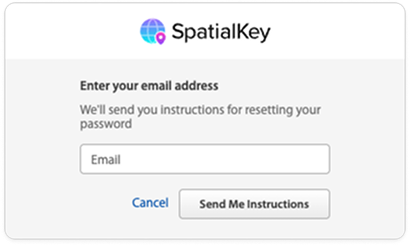 Image of the password‑reset form asking the user to enter their email address. The screen includes an email input field and two buttons: ‘Cancel’ and ‘Send Me Instructions,’ which sends password‑reset instructions.