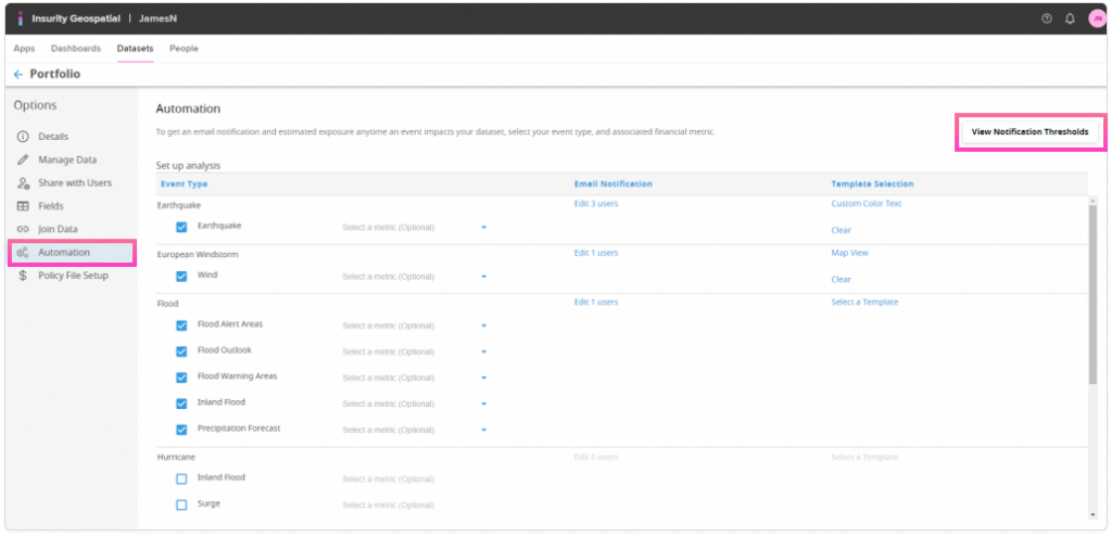 Dataset automation screen highlighting the Automation settings and the “View Notification Thresholds” option, where users configure event subscriptions and review or adjust alert thresholds for automated notifications.