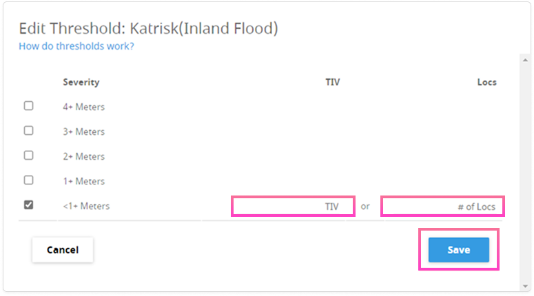 Modal titled “Edit Threshold: Katrisk (Inland Flood)” showing severity options with checkboxes from 4+ meters to less than 1 meter. Input fields allow entering a TIV value or number of locations, with Cancel and Save buttons at the bottom.