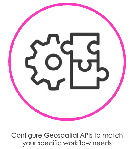 Icon illustrating **geospatial configuration**, showing a gear next to a puzzle‑piece symbol inside a pink circle, representing the ability to configure geospatial APIs to fit specific workflow needs.