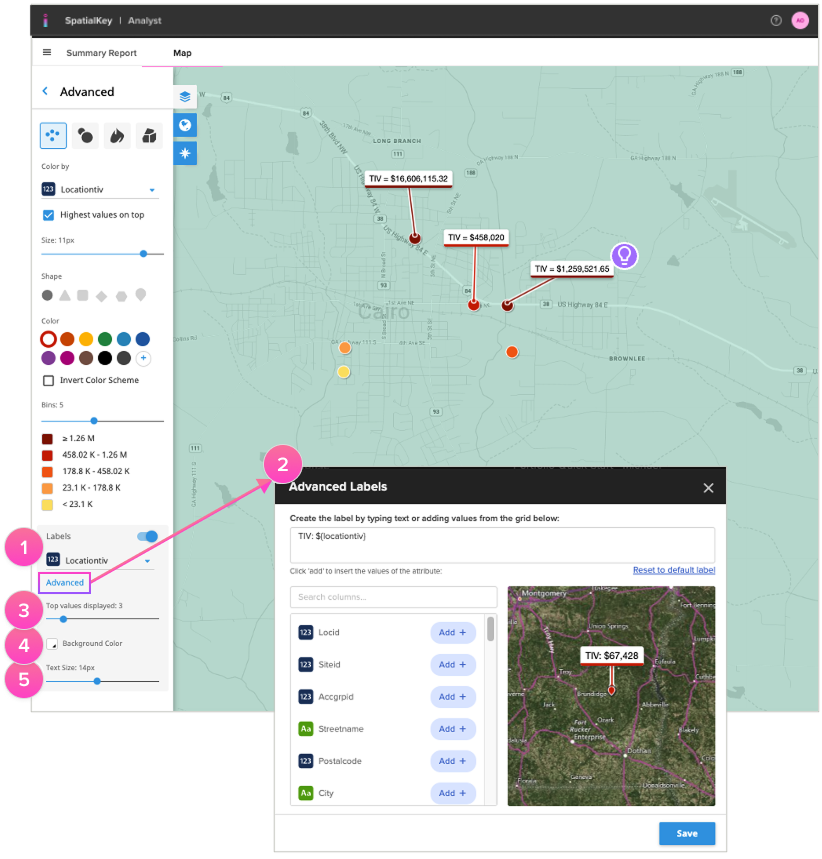 Image of the SpatialKey Analyst dashboard showing advanced label controls for displaying top values on a map.
1 highlights the Labels section in the Layers panel, where a column—numeric or text—can be selected to automatically display top labels for the dataset.
2 shows the Advanced Labels option, which opens a dialog for creating custom label formulas by combining text and data values.
3 indicates the control used to set the maximum number of labels displayed, allowing up to 20 top values to appear on the map.
4 marks the Background Color setting, used to change the label background color to improve contrast and visibility, with white as the default.
5 identifies the Text Size slider, allowing label text to be adjusted between 1 and 30 pixels, with a default size of 15 pixels.