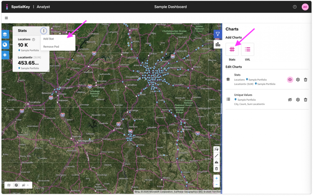 Dashboard map with a stats pod on the left showing Locations: 10K and Location visits: 453.65 for the Sample Portfolio. A highlighted “Add Stat” option within the stats pod menu indicates one way to add another stat directly from the pod. On the right-side Charts panel, a highlighted Add Charts section (with options like Stats and U/VL) shows a second way to add additional stats from the charts configuration area.