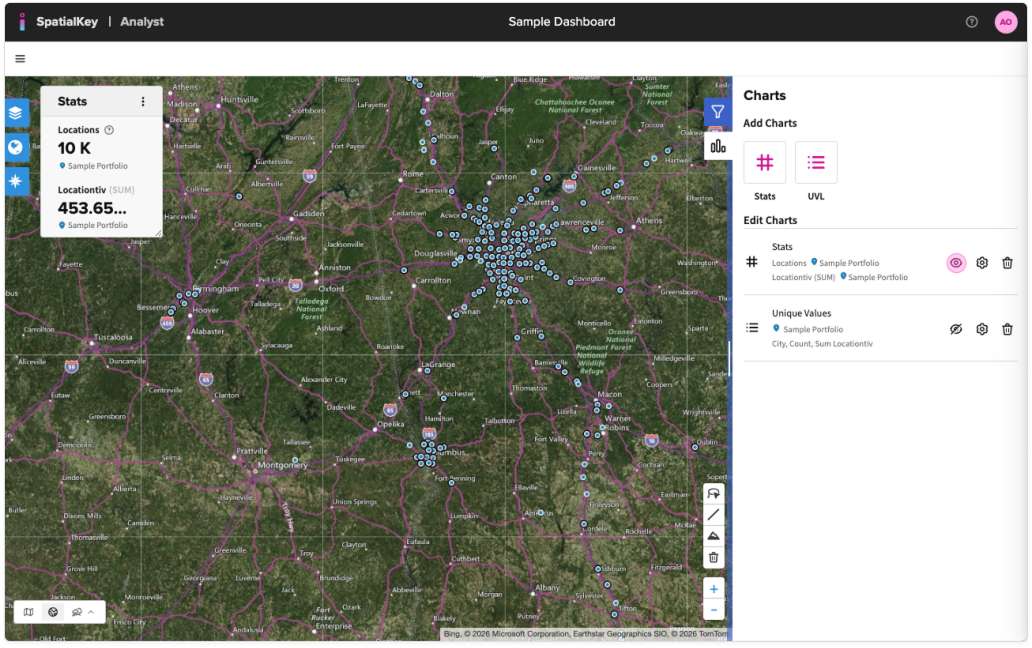 Stats pod overlay on a map showing summary metrics: Locations: 10K for the Sample Portfolio, and Location visits: 453.65 for the same portfolio. The compact panel appears on the left side of the map with clear labels and numeric totals.