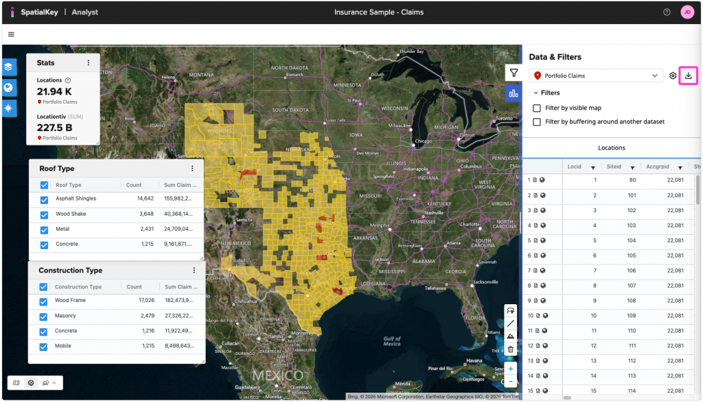 An Analyst dashboard highlighting the download button next to the dataset "Portfolio Claims" in the List View.