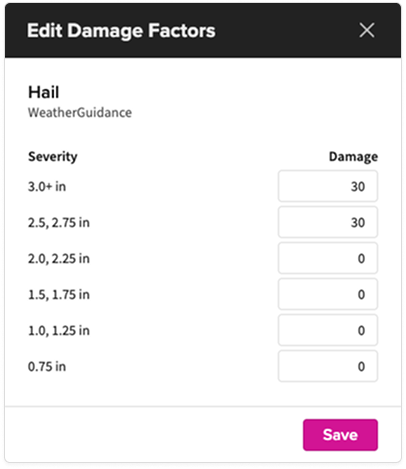 Edit Damage Factors modal showing editable damage percentages for hail severity levels. The screen lists severity bands on the left, such as 3.0+ inches and 2.5–2.75 inches, with corresponding percentage inputs on the right. Some fields are populated with custom values, while others remain at zero. A Save button appears at the bottom to confirm updates.