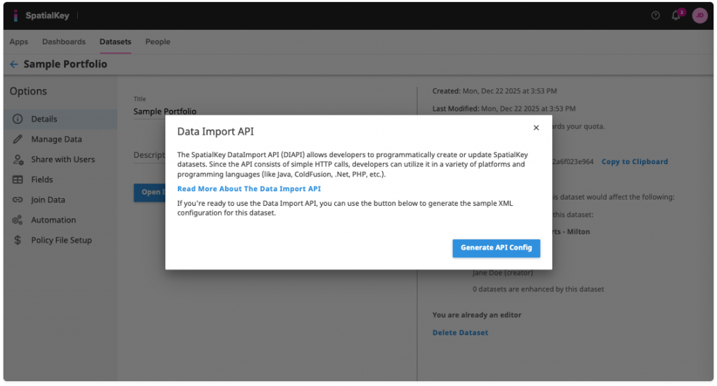 Image of the SpatialKey dataset details page with a centered modal titled ‘Data Import API.’ The modal explains that the SpatialKey Data Import API allows developers to programmatically create or update datasets using HTTP calls. It includes a link to learn more about the API and a prominent ‘Generate API Config’ button, while the background interface is dimmed to emphasize the dialog.