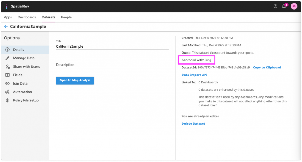 SpatialKey dataset details page for a dataset named “CaliforniaSample.” The right-hand details panel shows metadata such as creation date, last modified date, quota status, and dataset ID, with the “Geocoded With: Bing” field highlighted in pink to indicate which geocoder was used.