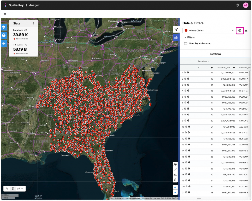 Dashboard view with a map and data table, highlighting the settings (gear) icon next to the dataset name in the Data & Filters panel, which is used to open the Manage Locations Columns modal.