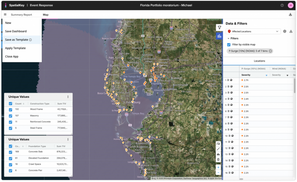 Event response map view showing analysis results with a menu option to “Save as Template,” allowing users to capture the current map configuration, filters, and metrics for reuse in future analyses or dashboards.