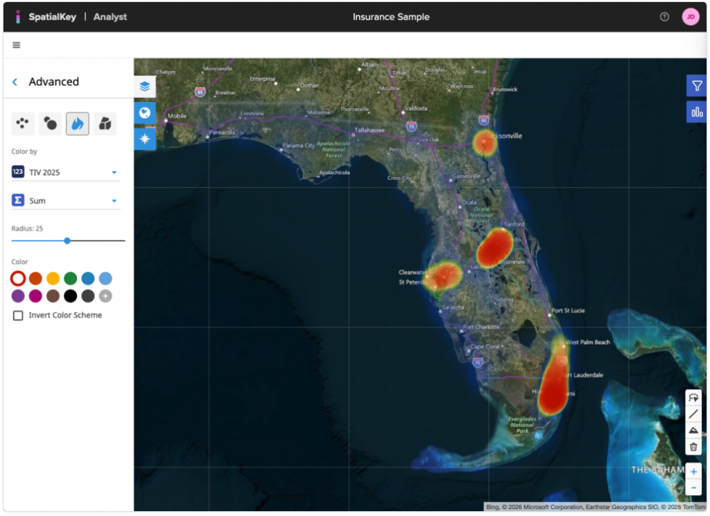 Image of the SpatialKey Analyst interface showing a heatmap visualization over Florida. The Advanced panel on the left has the Heatmap option selected, with Color by: TIV 2025, Sum aggregation, and a Radius slider set to 25. The map displays smooth gradient hotspots in yellow, orange, and red around major metro areas such as Jacksonville, Orlando, Tampa–St. Petersburg, and South Florida, illustrating continuous intensity rather than discrete bins.