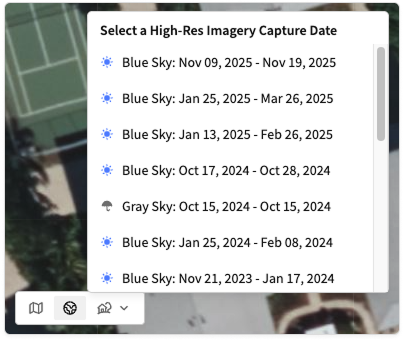 High-Res Imagery dropdown showing the imagery capture dates available for the map area currently in view.