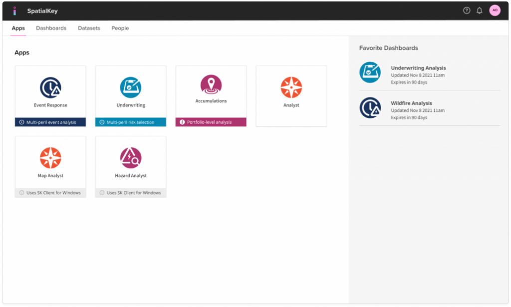Image of the SpatialKey home dashboard showing several application tiles. The Map Analyst and Hazard Analyst apps are labeled with a badge reading “Uses SK Client for Windows,” indicating these applications require a Windows desktop client to run, while other apps do not.