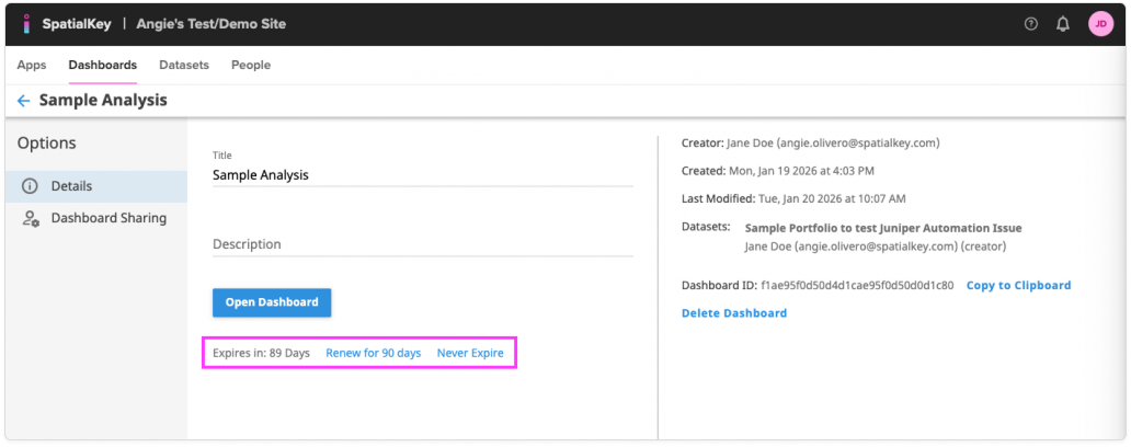 Image of the dashboard Details page for an Event Response dashboard showing title, description, and metadata. The section displaying the dashboard’s expiration is highlighted, showing the text ‘Expires in: 89 days’ along with links to ‘Renew for 90 days’ and ‘Never Expire.