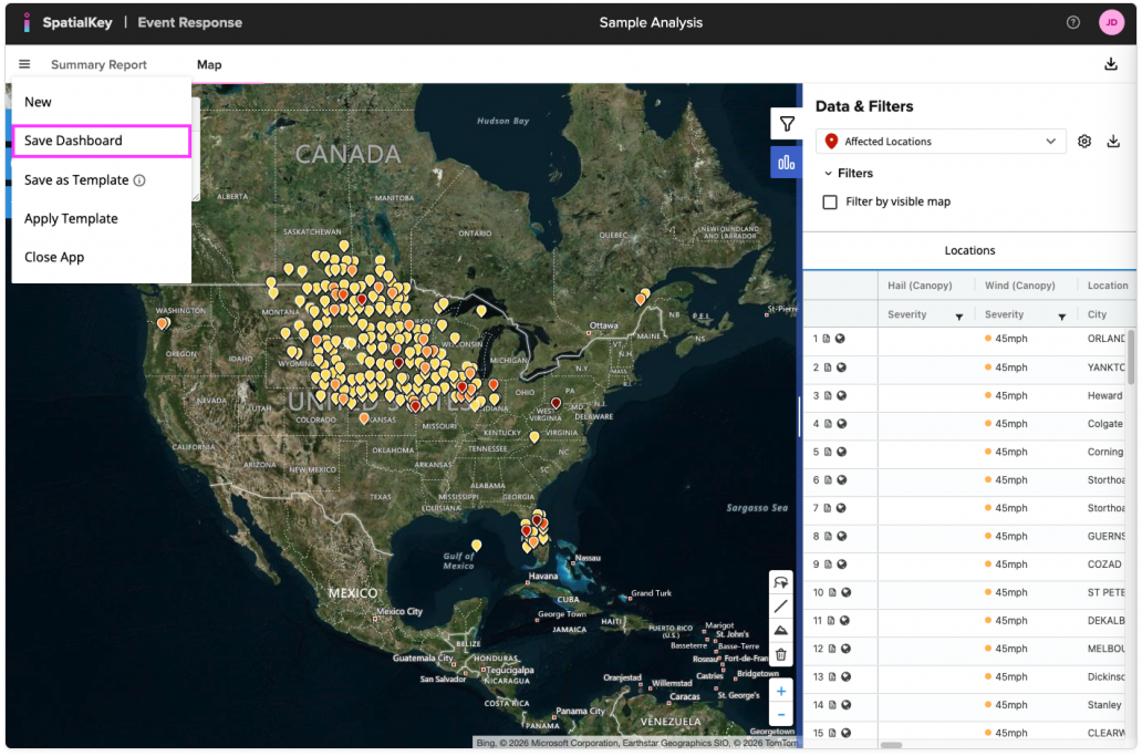 Image of an Event Response dashboard in SpatialKey. The left menu is open, and the ‘Save Dashboard’ option is highlighted, indicating where to save the current dashboard.