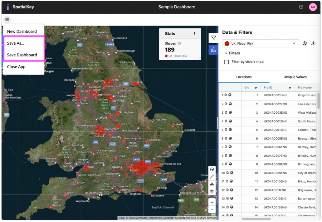 Image of an Analyst dashboard with a menu open on the left showing options for New Dashboard, Save As, Save Dashboard, and Close App.