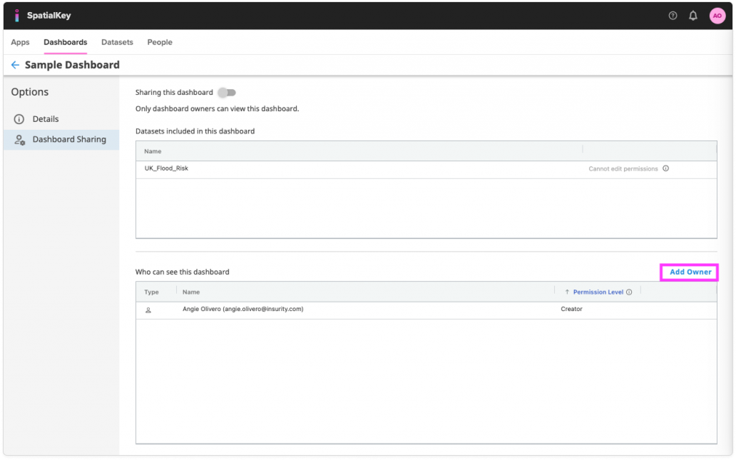 Image of the Dashboard Sharing page for a sample dashboard. The ‘Add Owner’ link on the right side of the ‘Who can see this dashboard’ section is highlighted, indicating where a user can assign additional dashboard owners.