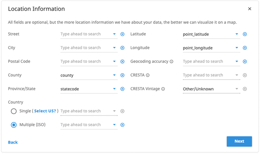 Location Information dialog with optional fields to map address and geocoding data, including street, city, state, latitude, longitude, and a Next button.