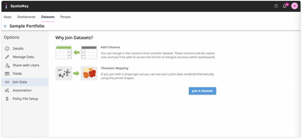 Image of the SpatialKey dataset Join Data page explaining why to join datasets. The main content highlights benefits such as adding columns from another dataset and thematic mapping by joining point data with shape data. A blue ‘Join a Dataset’ button appears on the right, while the left navigation shows dataset options including Details, Manage Data, Fields, and Join Data selected.