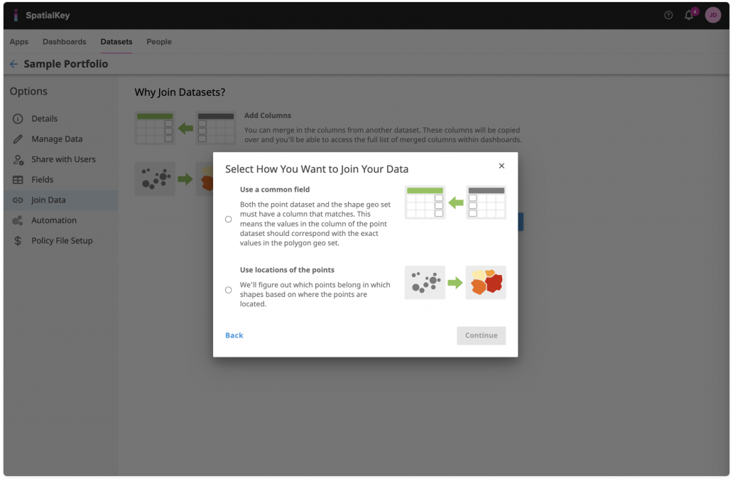 Image of the SpatialKey Join Data workflow with a centered modal titled ‘Select How You Want to Join Your Data.’ The modal presents two join options: using a common field shared between datasets or using the locations of points to determine which shapes they fall within. Each option is illustrated with simple diagrams, while the background shows the Join Data page dimmed to emphasize the selection dialog.