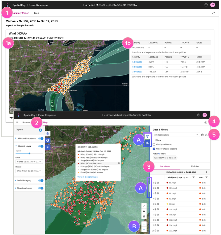 Event response results screen showing a summary report and interactive map that visualize hazard extents and impacted portfolio locations, with sortable lists and download options for enhanced location, policy, and event footprint data.
