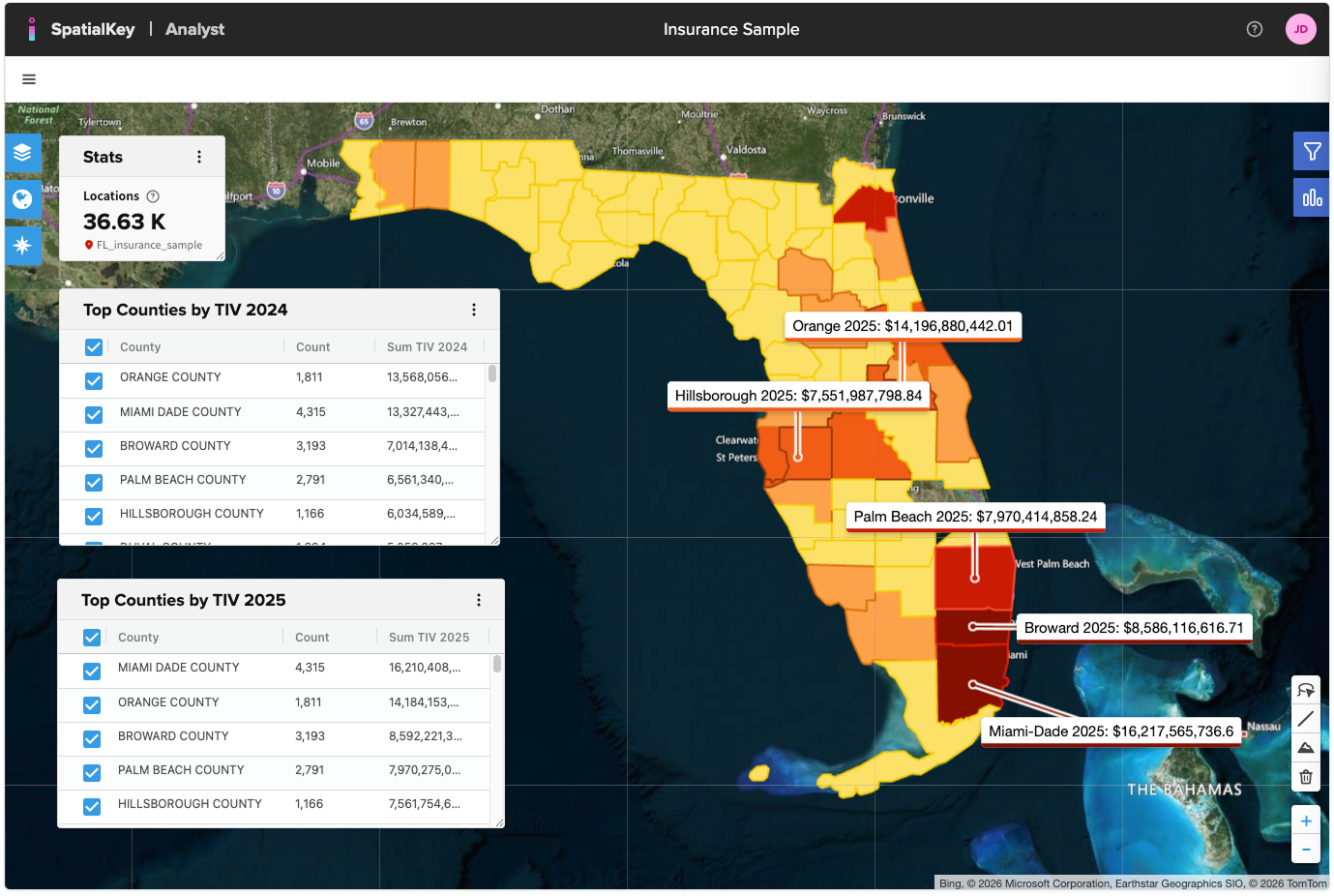 The image shows counties viewed thematically with the top TIV labeled and top counties by year listed as unique values.