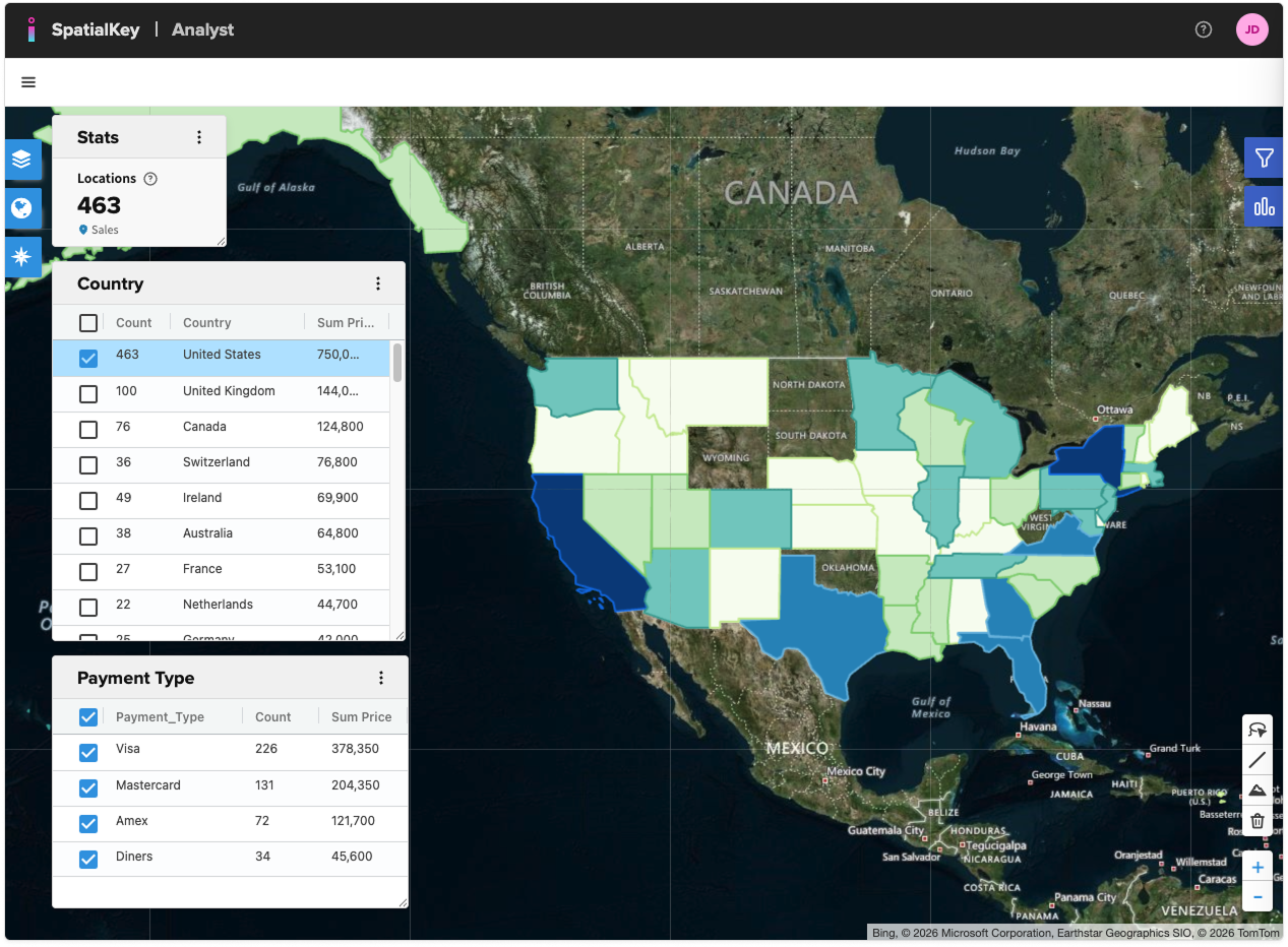 The image shows the sales filtered by US locations, colored thematically by count for each state & broken down by payment type.