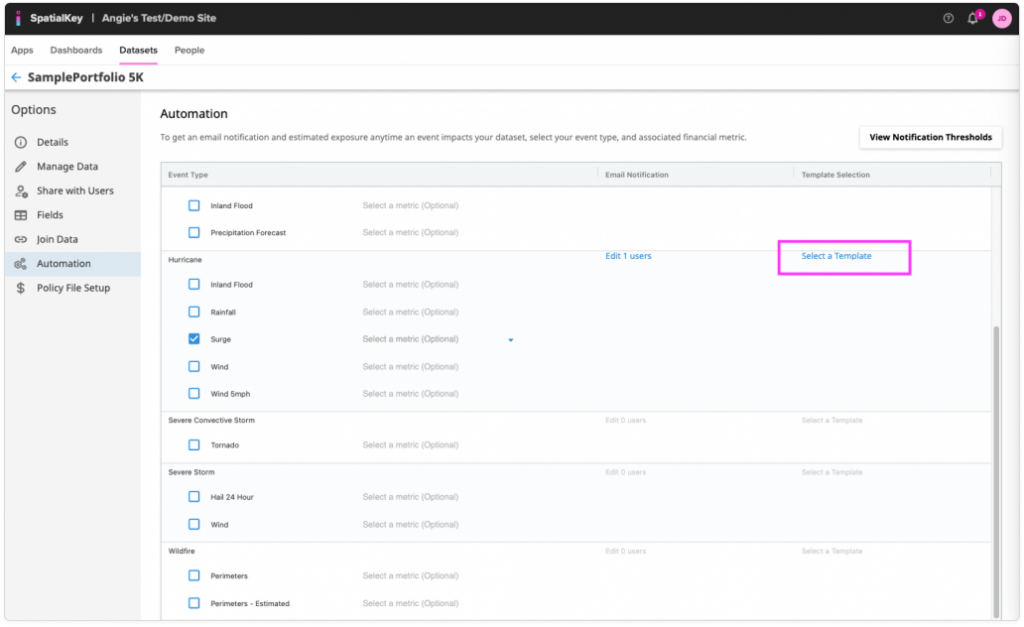 Dataset automation settings screen highlighting the “Select a Template” option, where users choose a predefined dashboard template to apply when automated event-based dashboards are generated.