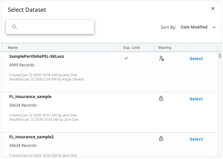 Select Dataset’ modal displaying a searchable list of available datasets for use in the analysis. Each dataset row shows the dataset name, number of records, creation and modification timestamps, and sharing or access indicators. A column on the right provides a ‘Select’ link for choosing the dataset. Sorting options appear in the upper‑right corner, currently set to sort by Date Modified.