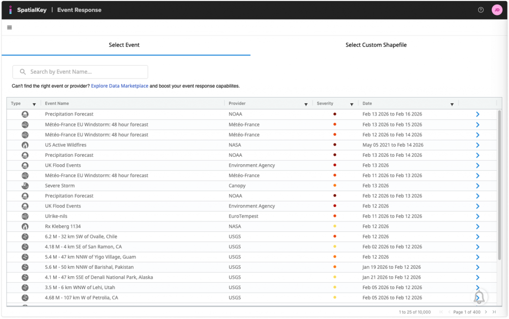 Event Response screen displaying the ‘Select Event’ view. A searchable table lists available events with columns for event type, event name, provider, severity indicators shown as colored dots, and event date ranges. A link at the top allows switching to ‘Select Custom Shapefile.’ The interface includes pagination controls at the bottom.