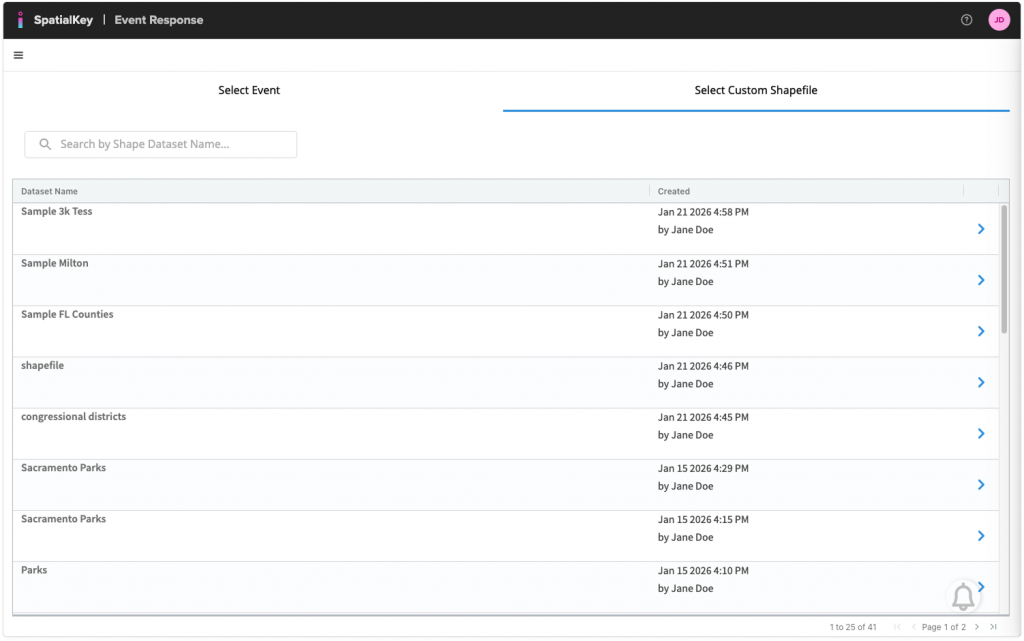 Event Response interface showing the ‘Select Custom Shapefile’ tab active. The screen displays a searchable list of user‑uploaded shapefile datasets, with columns for dataset name and creation details. A vertical list of shapefile options is visible, each with a right‑arrow icon for selection. The tab header highlights that users are choosing a custom shapefile instead of selecting a standard event.