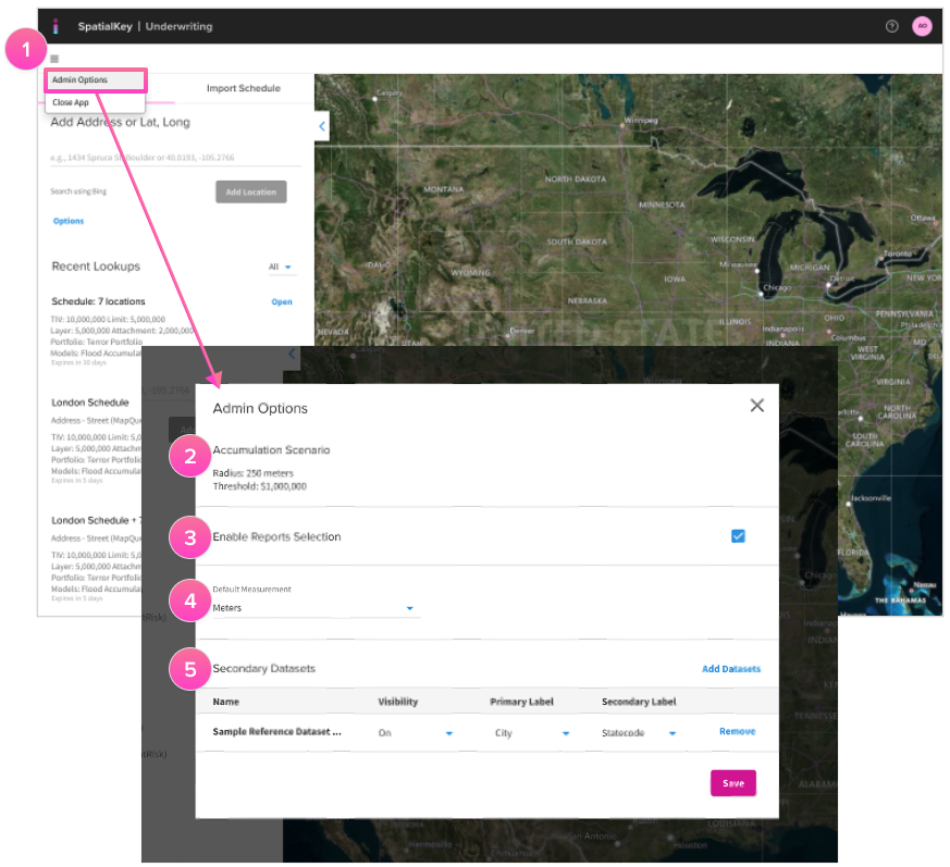 Admin Options screen in the Underwriting application showing a modal where site administrators review accumulation scenario settings, enable or disable report selection for underwriters, set default measurement units, and manage secondary datasets with primary and secondary labels that apply globally across all underwriting analyses.