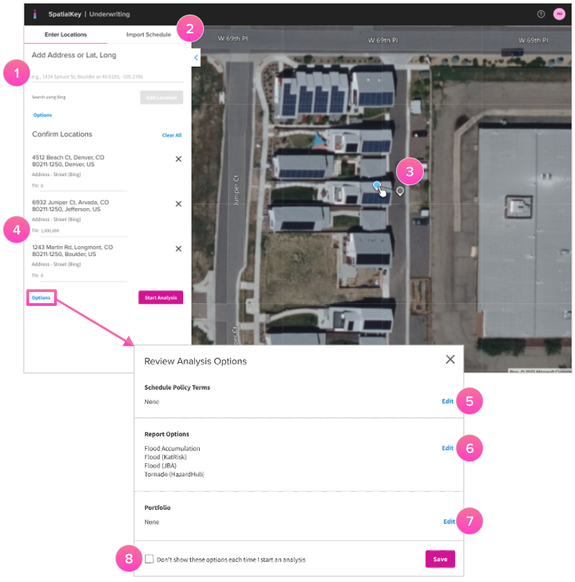 Screen showing the Run an Analysis workflow in Insurity Geospatial: a left panel to enter or upload locations, confirm addresses, and start analysis; a map where users can geo‑correct locations by dragging markers; and a “Review Analysis Options” modal to add insured values (TIV), select hazard reports, include an in‑force portfolio, and optionally skip these settings before saving and running the analysis.