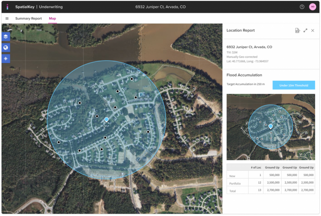 Map view showing a Target accumulation analysis with a circular ring centered on a schedule location, highlighting nearby schedule and in‑force portfolio locations within the radius, and a Location Report panel summarizing total exposure calculated from locations that fall inside the ring.