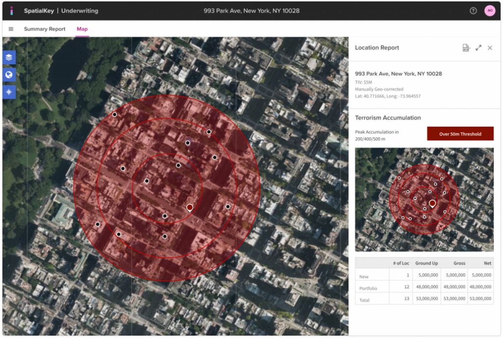 Map view illustrating the Magic Ring accumulation analysis, with multiple concentric rings centered on a prospective location to identify the worst‑case exposure within a selected radius, and a Location Report panel summarizing peak accumulation results based on schedule and in‑force portfolio locations contained within the highest‑risk ring.