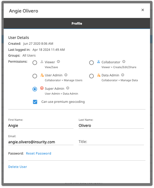 Edit user profile screen showing account details, permission level options, premium geocoding setting, and form fields for first name, last name, email, and password reset and delete user option.