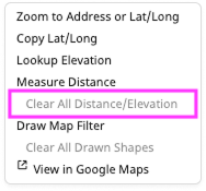 Right‑click context menu displayed on the map with the **“Clear All Distance/Elevation”** option highlighted in pink, indicating the control used to remove all distance measurements and elevation results from the map.