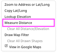 Right‑click context menu displayed on the map, showing a list of map tools. The “Measure Distance” option is highlighted with a pink outline, indicating the tool used to measure distances directly on the map.
