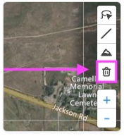 Map toolbar shown with a pink arrow pointing to the **trash/delete icon**, indicating the control used to clear or remove drawn measurements or elevation results from the map.